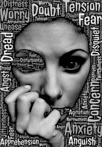 black and white image of woman's face surrounded by words