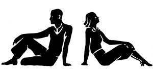 black and white illustration of man and woman sitting back to back